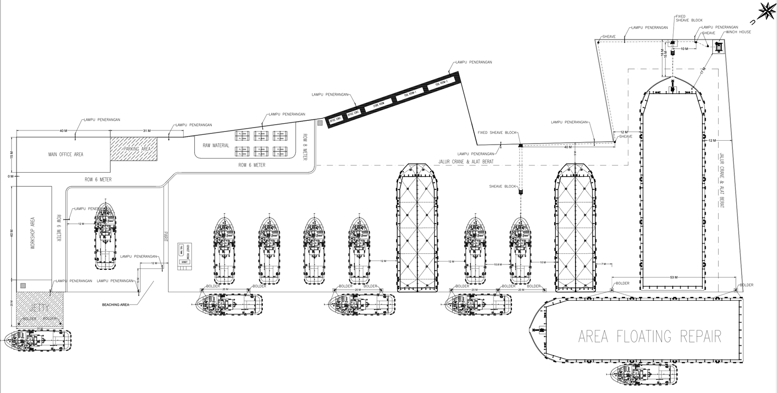 Denah layout galangan kapal PT. Anggana Jaya Abadi — menampilkan main office, parking area, raw material, workshop, jetty, beaching area, dan area floating repair